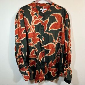 Chico's Tie Cuff Stylized Vine Green Orange Primordial Forest Blouse NWT 18